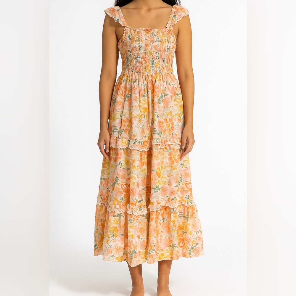 Haute Hippie Pink Orange Smocked Eyelet Cottagecore Prairie Maxi Dress Size 2